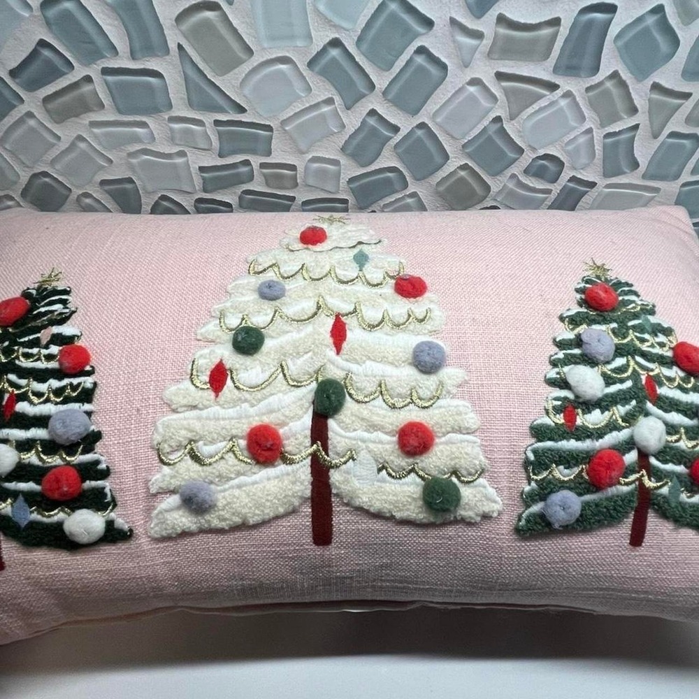 Christmas Pillows embroidered pink green tree and blue and white snowman scene